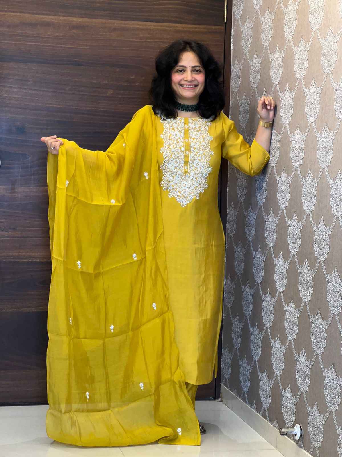 Yellow Color Muslin Dupatta Set