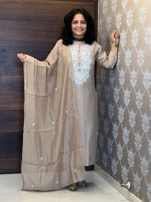 Nude Beige Color Muslin Dupatta Set
