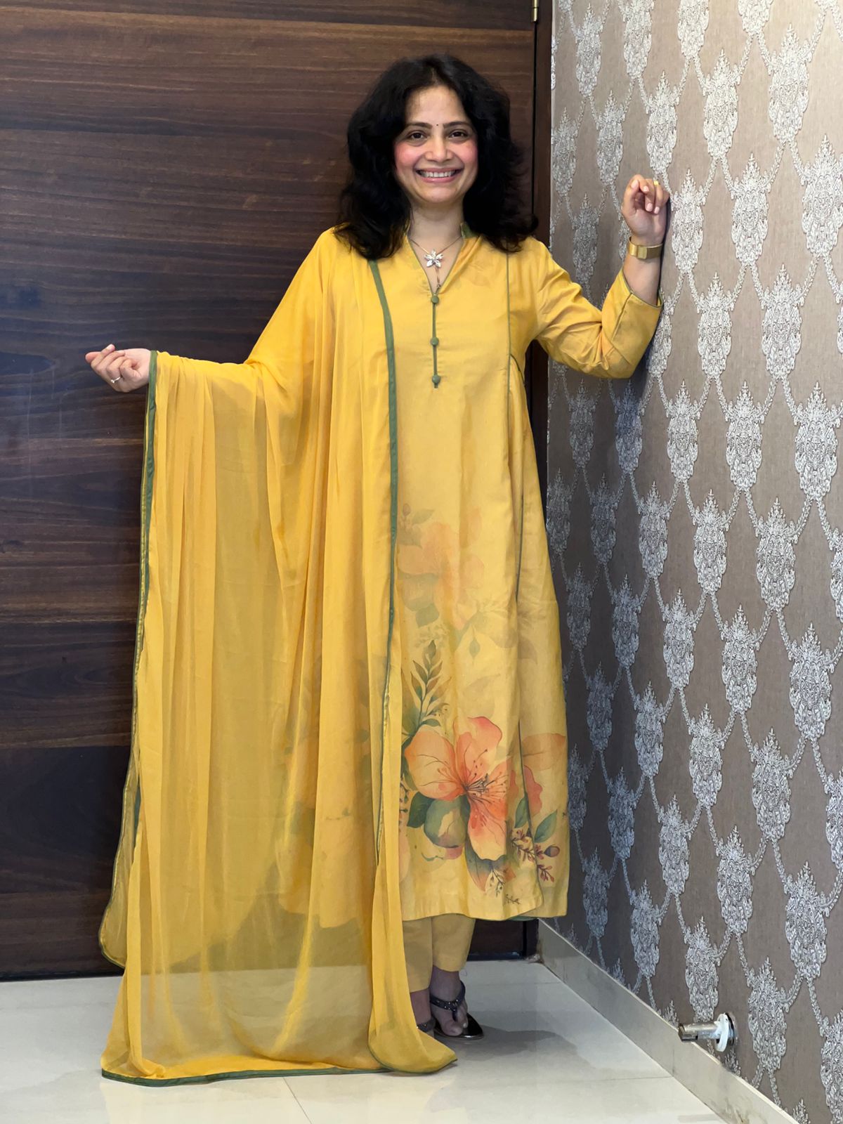 Mustard Yellow Color Digital Printed Cotton Flex Dupatta Set