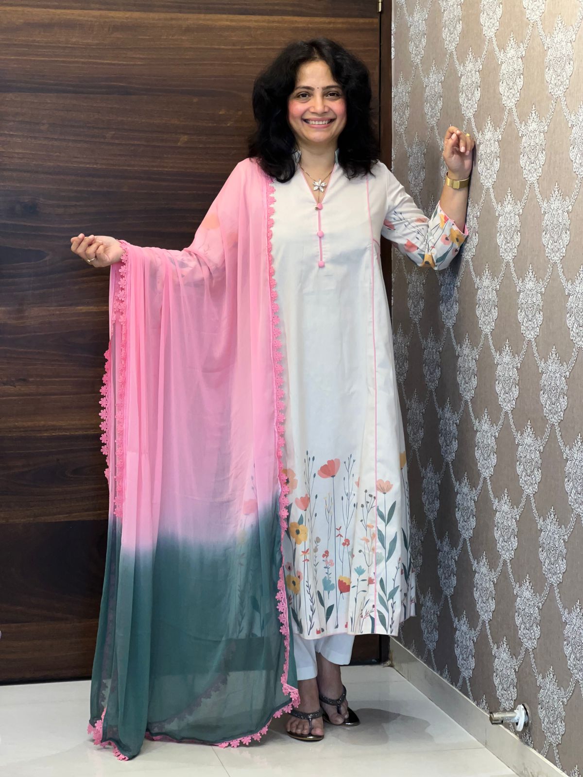 Off White Color Digital Printed Cotton Flex Dupatta Set