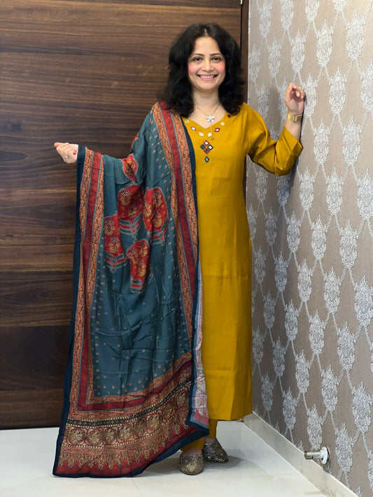 Golden-Yellow Color Modal Muslin Dupatta Set