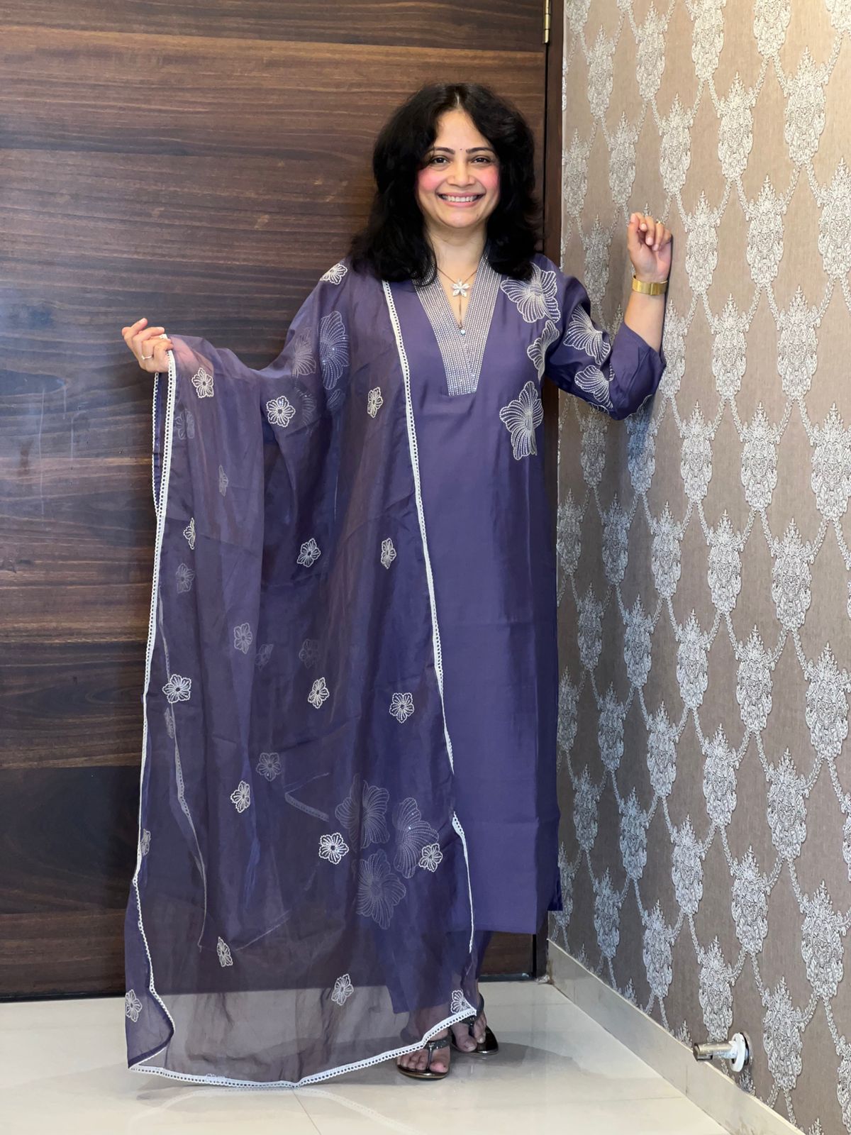 Dusty Lavender Color Roman Silk Dupatta Set