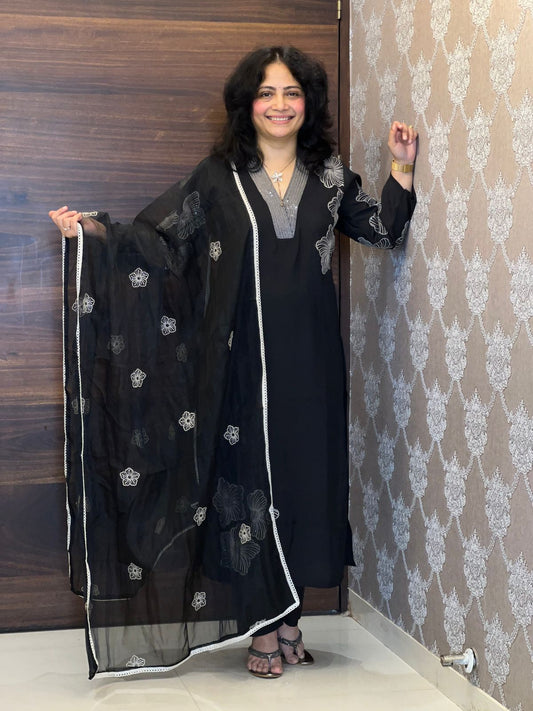 Black Color Roman Silk Dupatta Set