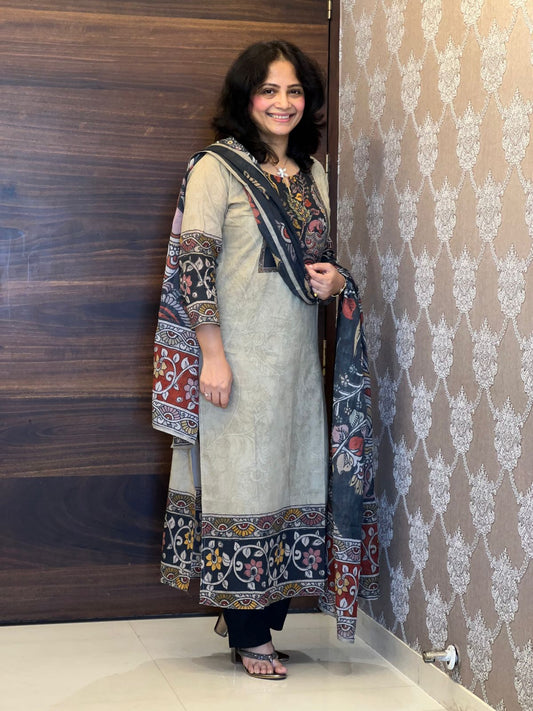 Digital Printed Beige Colour Pure Cotton Dupatta Set