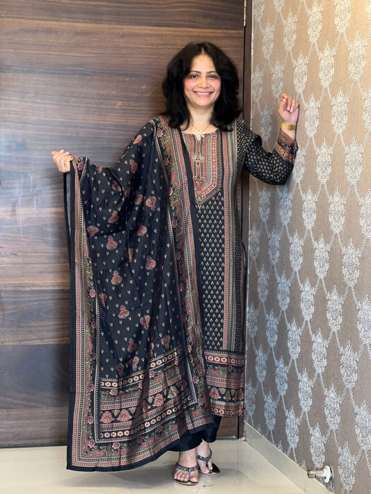 Black Color Modal Muslin Dupatta Set