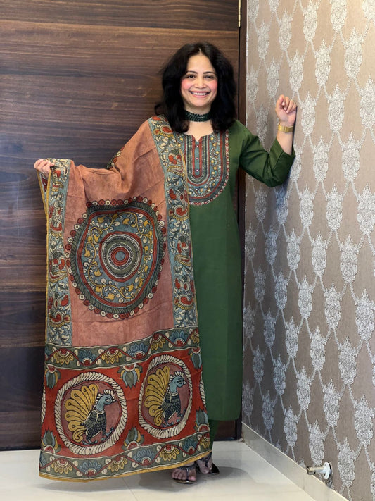 Deep Olive Green Colour Kalamkari Dupatta Set