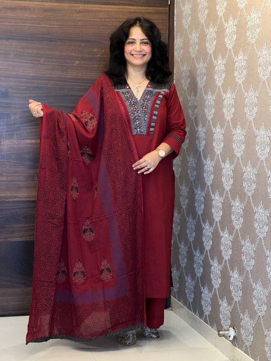 Maroon Color Ajrakh Pure Cotton Dupatta Set