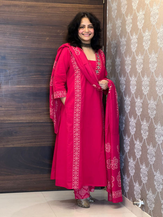 Deep Pink Color Pure Cotton Dupatta Set