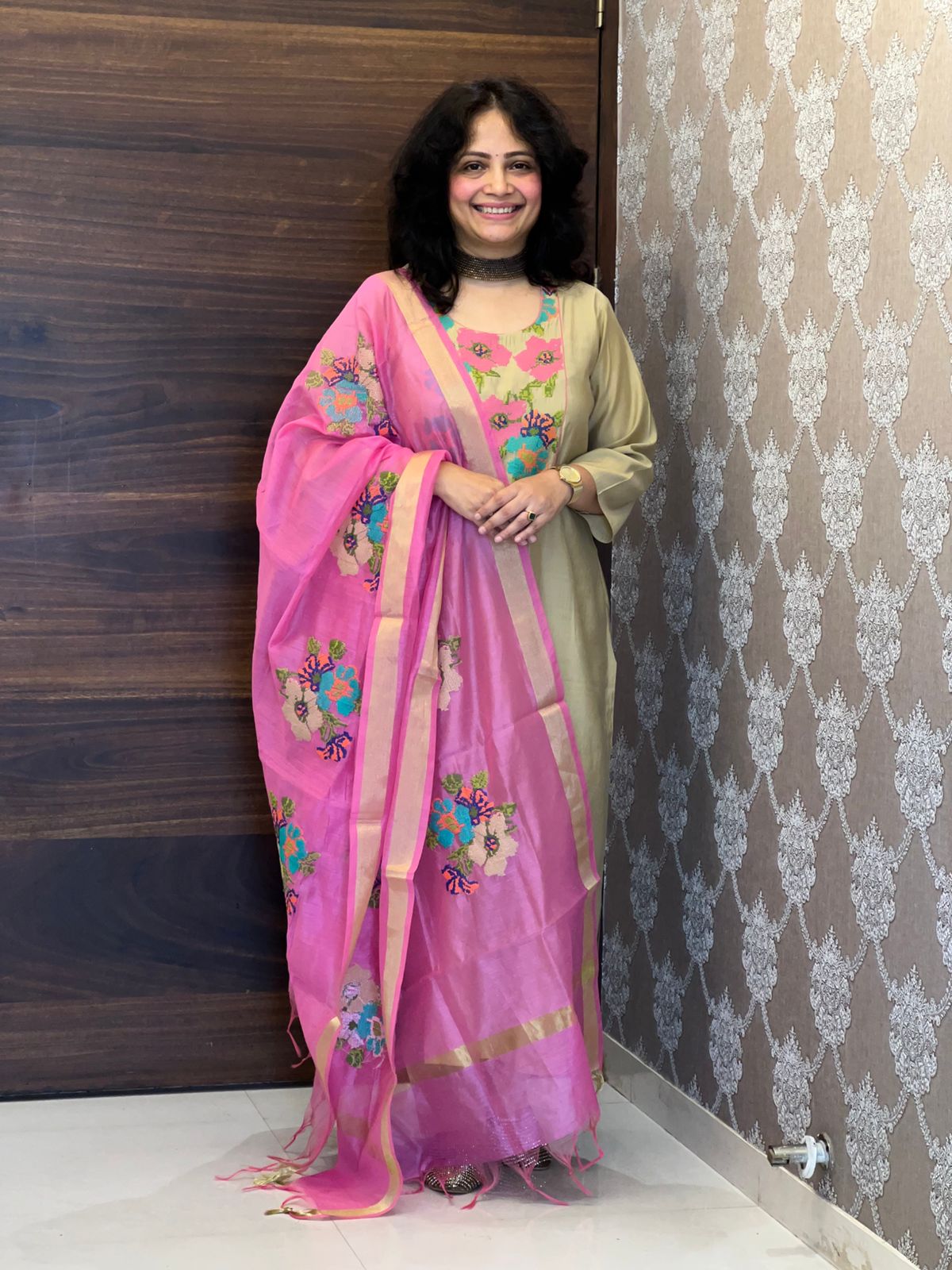 Beige Color Modal Muslin With Pink Dupatta Set