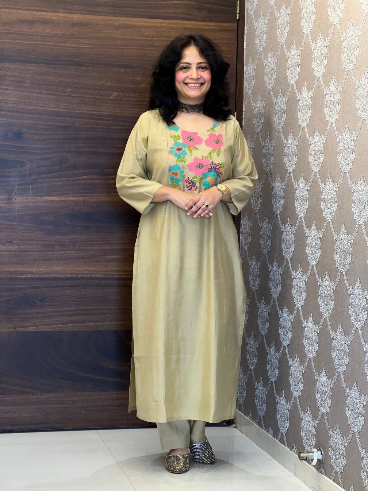 Beige Color Modal Muslin With Pink Dupatta Set