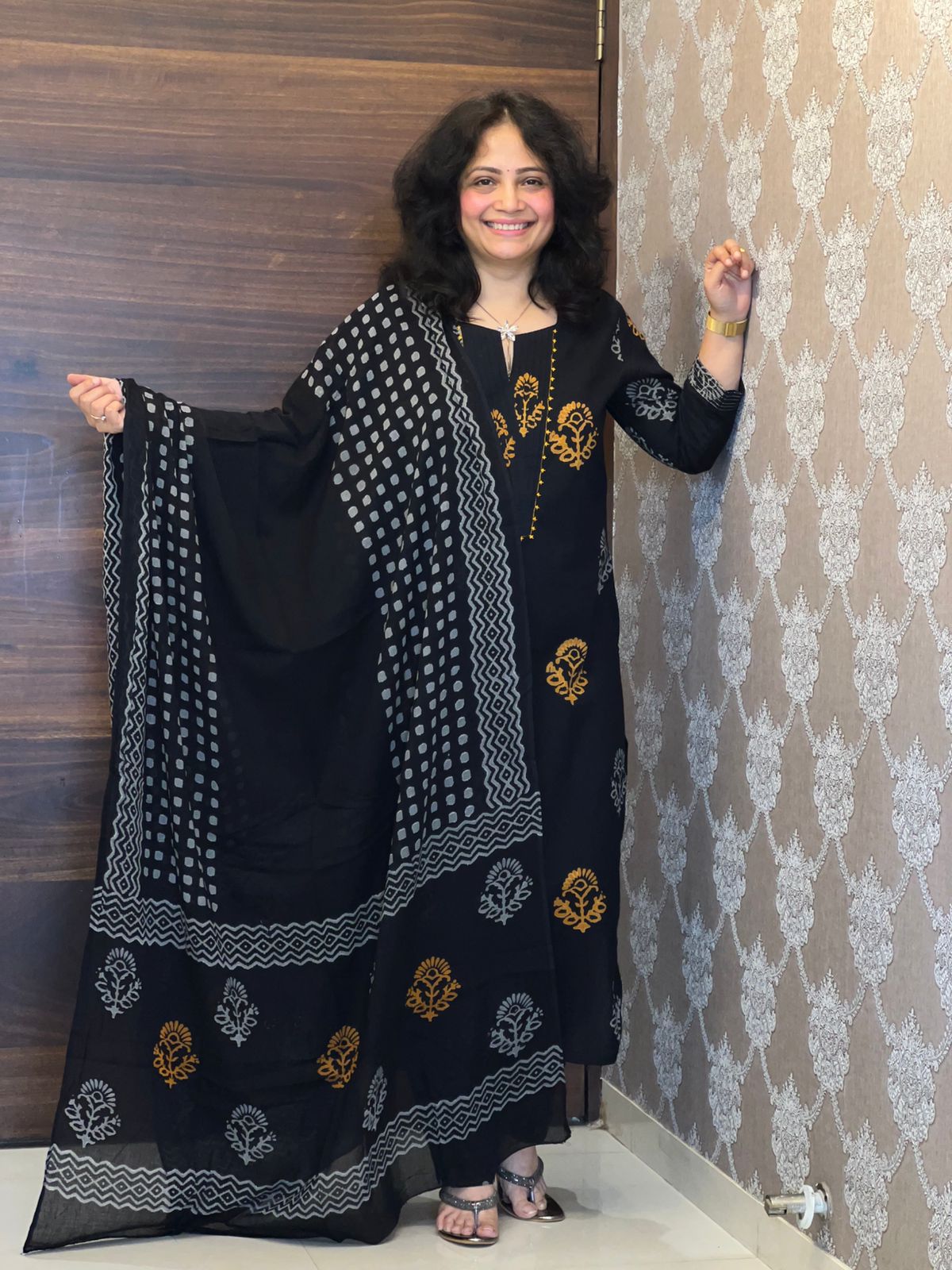 Mustard Yellow Hand-Block Printed Black Color Pure Cotton Dupatta Set