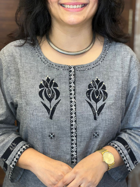 Gray-Black Color Pure Handloom Cotton Dupatta Set