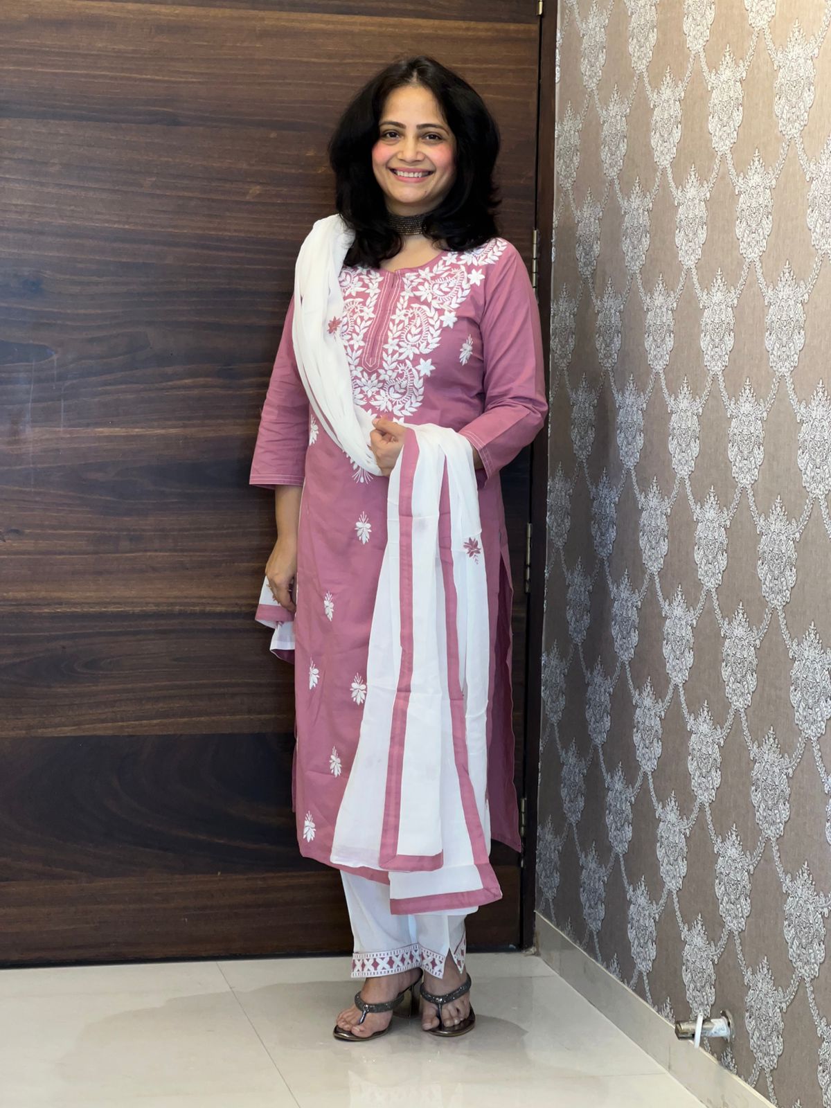 Pink Color Chikankari Pure Dupatta Set