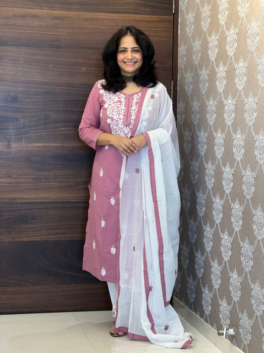 Pink Color Chikankari Pure Dupatta Set