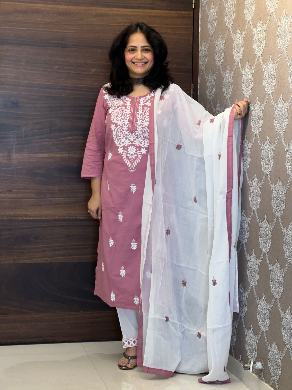 Pink Color Chikankari Pure Dupatta Set