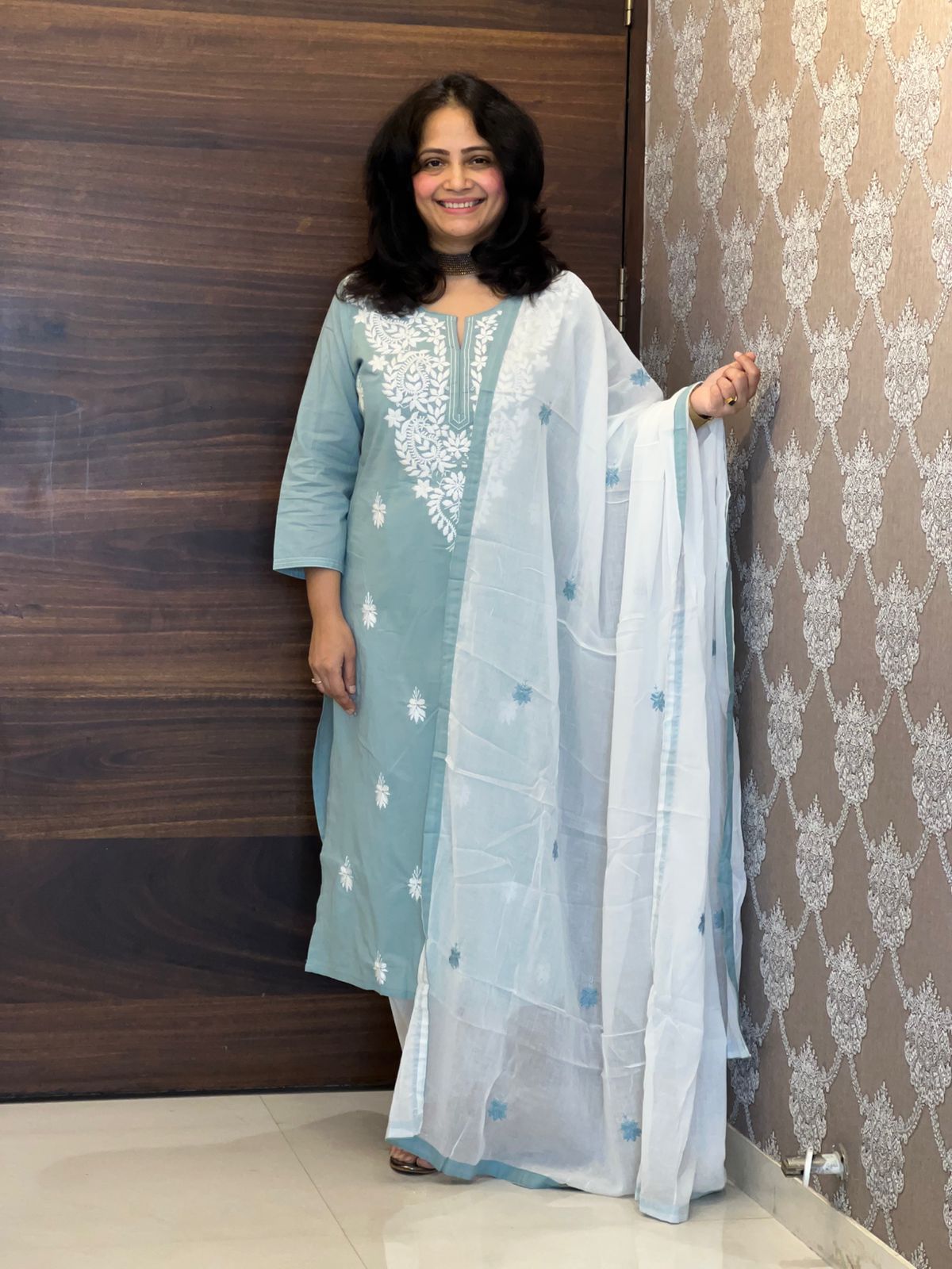 Blue Color Chikankari Pure Dupatta Set