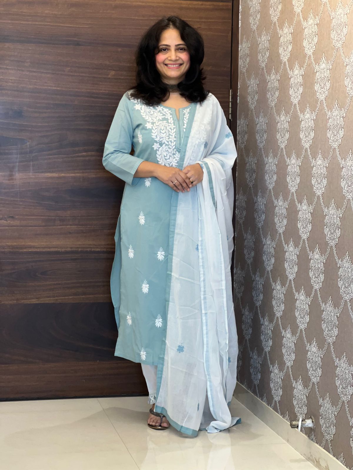 Blue Color Chikankari Pure Dupatta Set