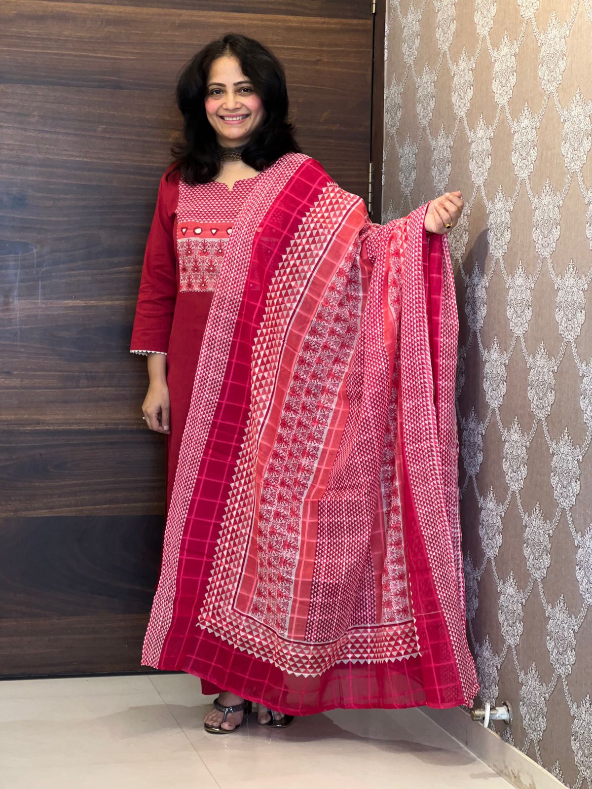 Red Color Cotton Flex Dupatta Set