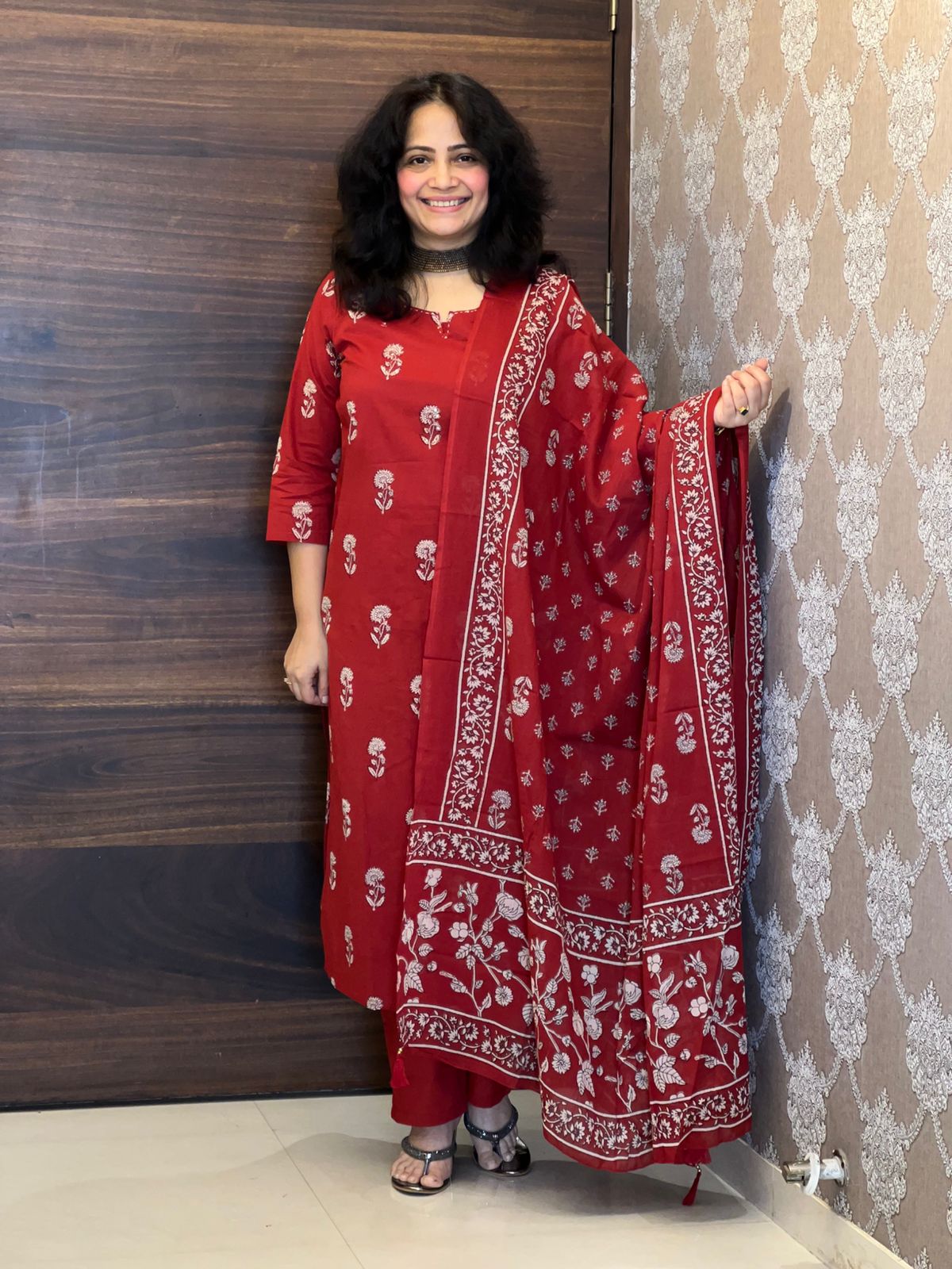 Hand-Block Printed Red Color Pure Cotton Dupatta Set