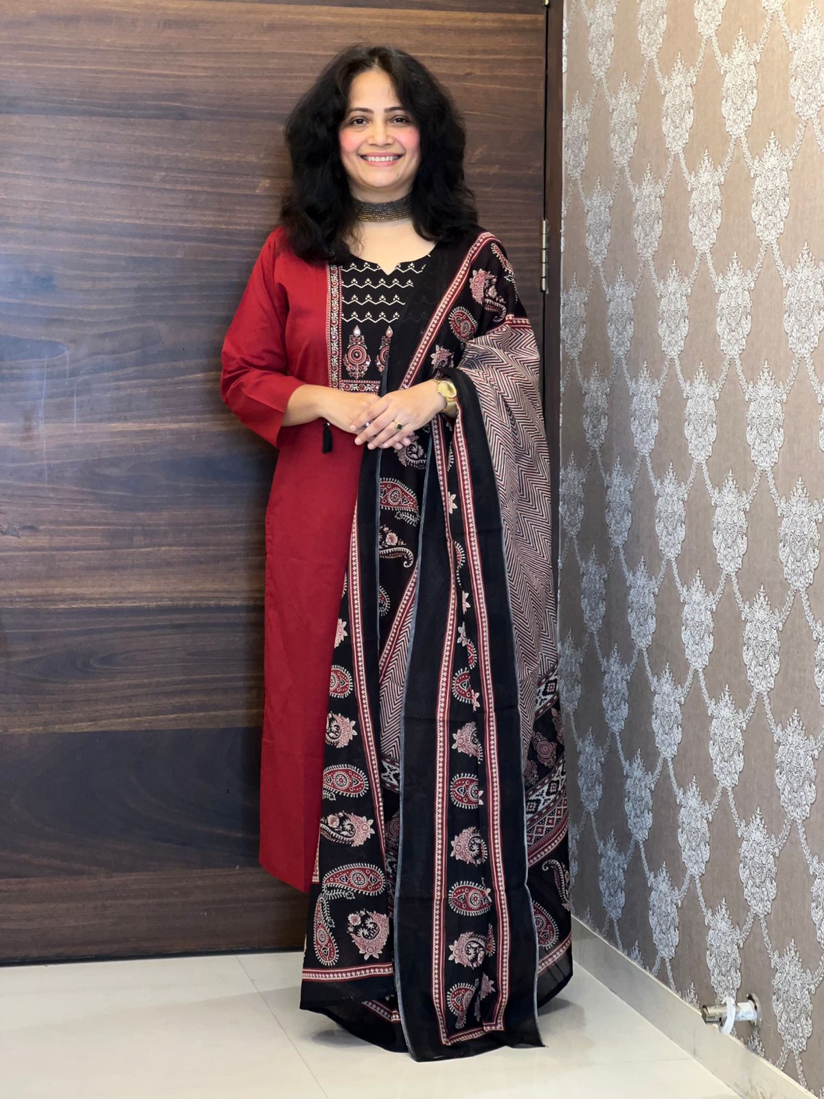 Maroon-Black Color Pure Cotton Dupatta Set