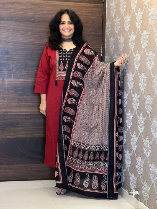 Maroon-Black Color Pure Cotton Dupatta Set