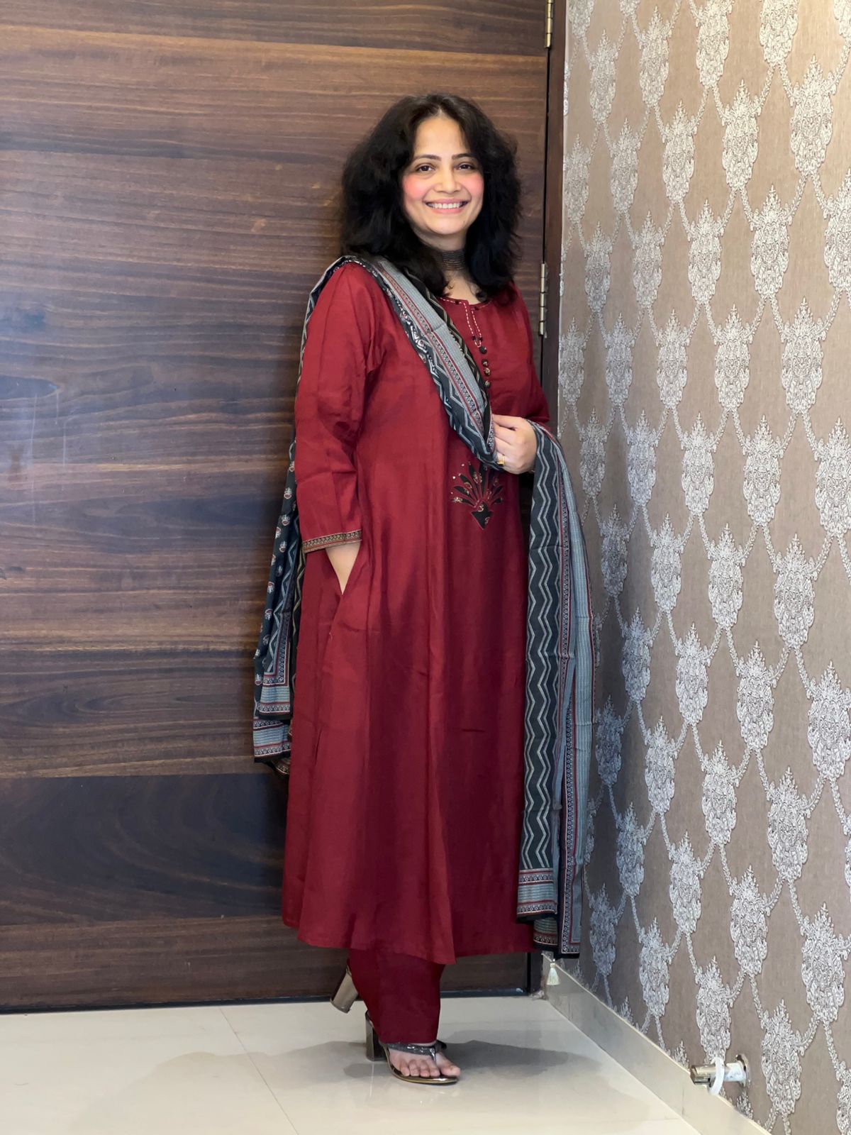 Maroon Color Applique Work Pure Muslin Dupatta Set