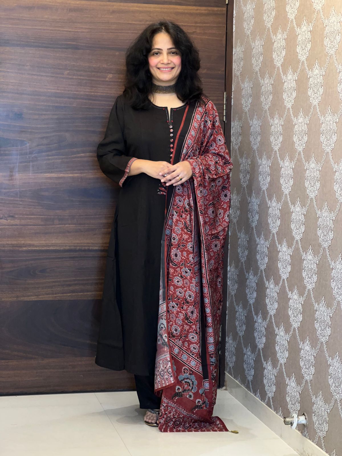 Black Color Applique Work Pure Muslin Dupatta Set