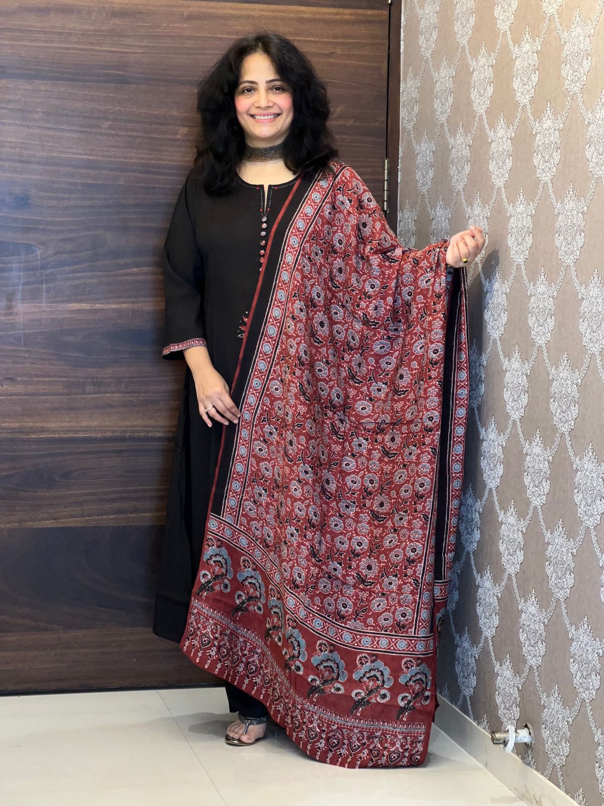 Black Color Applique Work Pure Muslin Dupatta Set