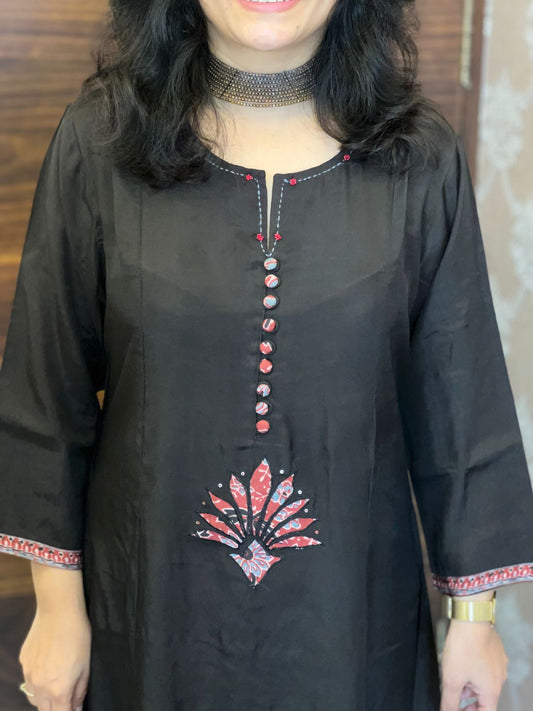 Black Color Applique Work Pure Muslin Dupatta Set