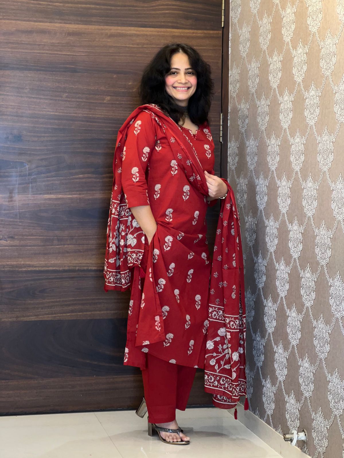 Hand-Block Printed Red Color Pure Cotton Dupatta Set