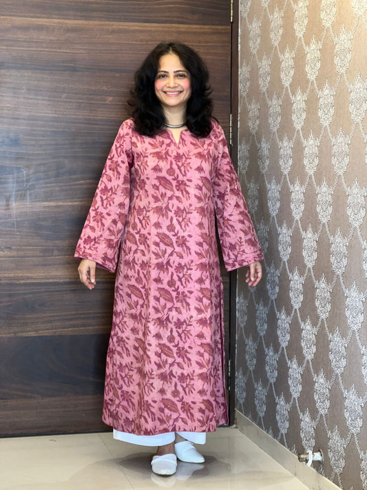 Pink Color Vanaspati Hand Block Print Pure Cotton A Line Kurti