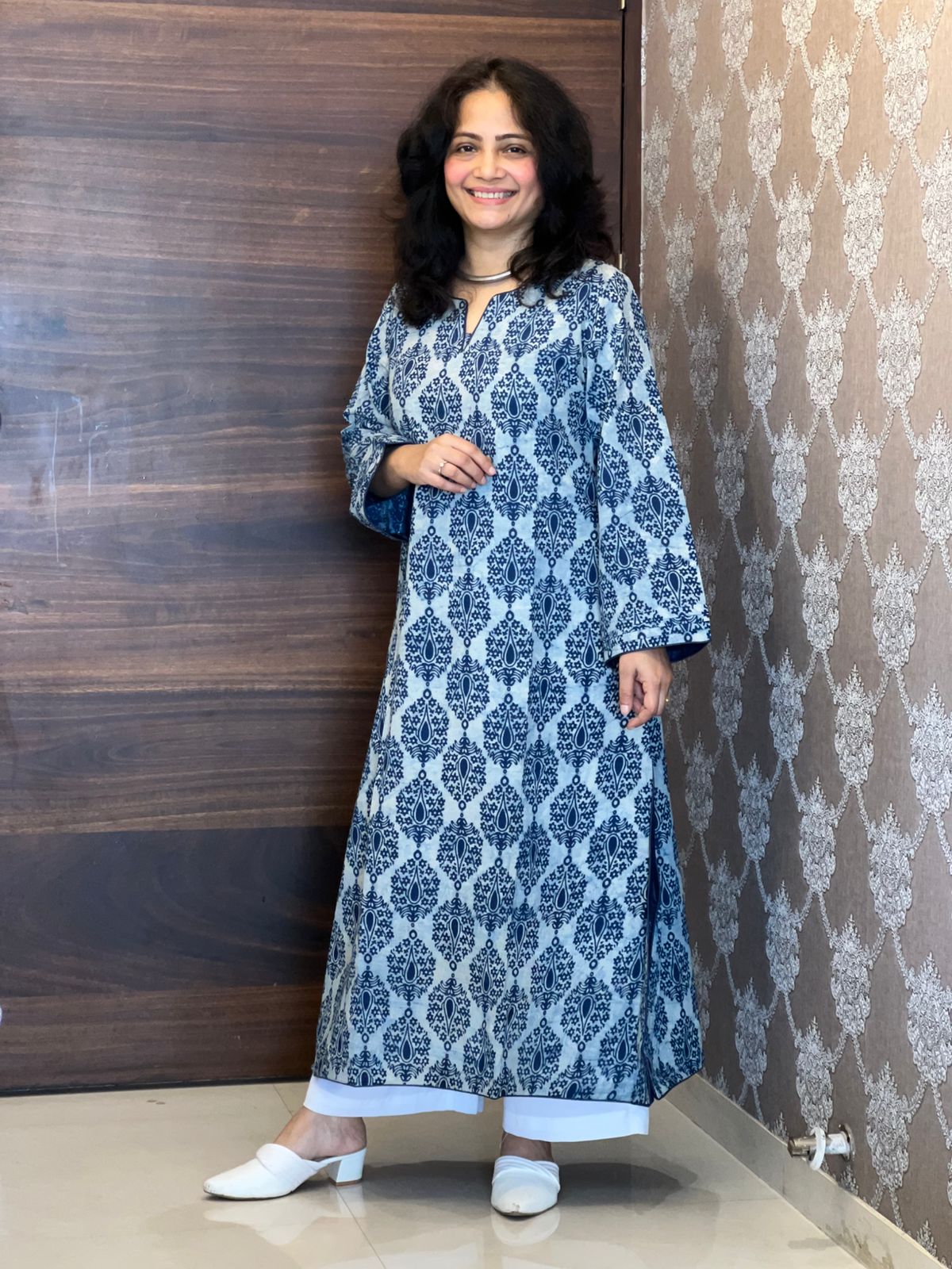 Blue Color Dabu Hand Block Print Pure Cotton A Line Kurti