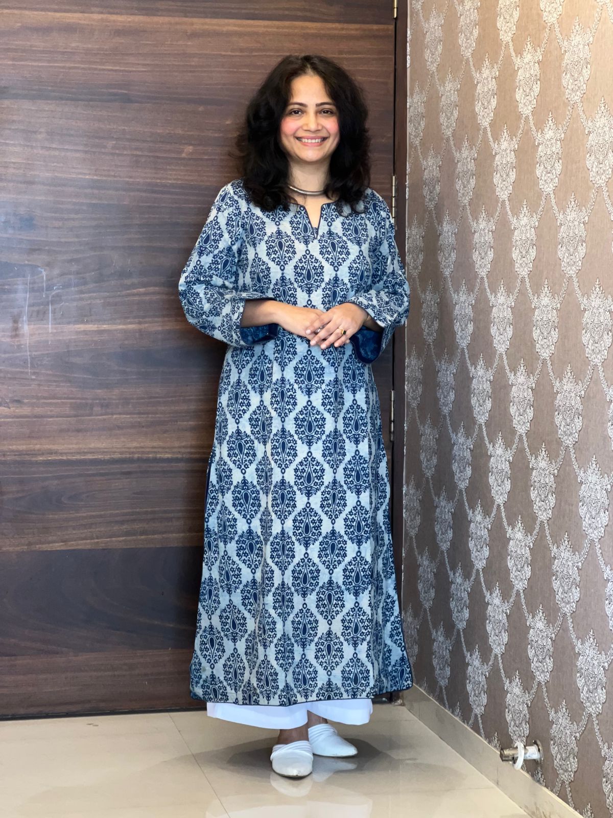 Blue Color Dabu Hand Block Print Pure Cotton A Line Kurti
