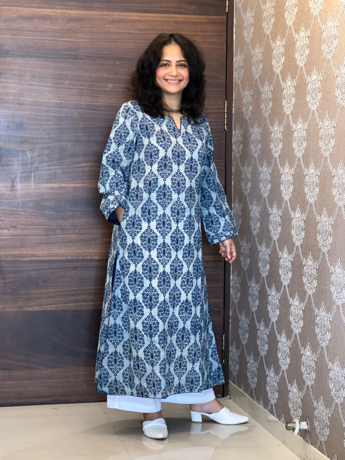 Blue Color Dabu Hand Block Print Pure Cotton A Line Kurti