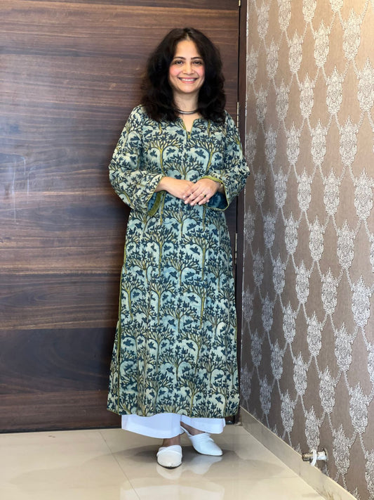 Green Color Vanaspati Hand Block Print Pure Cotton A Line Kurti
