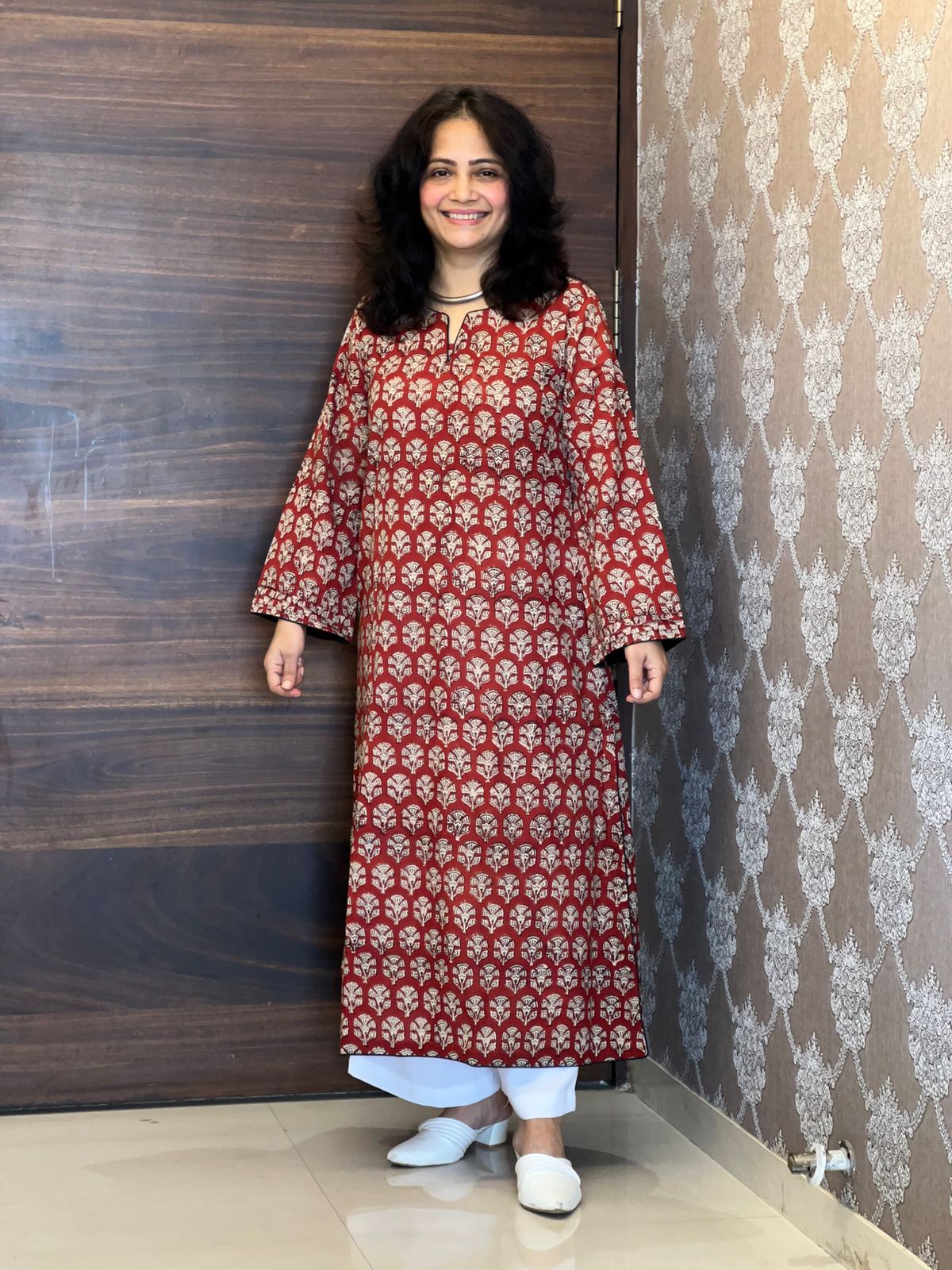 Red Color Dabu Hand Block Print Small Motifs Pure Cotton A Line Kurti