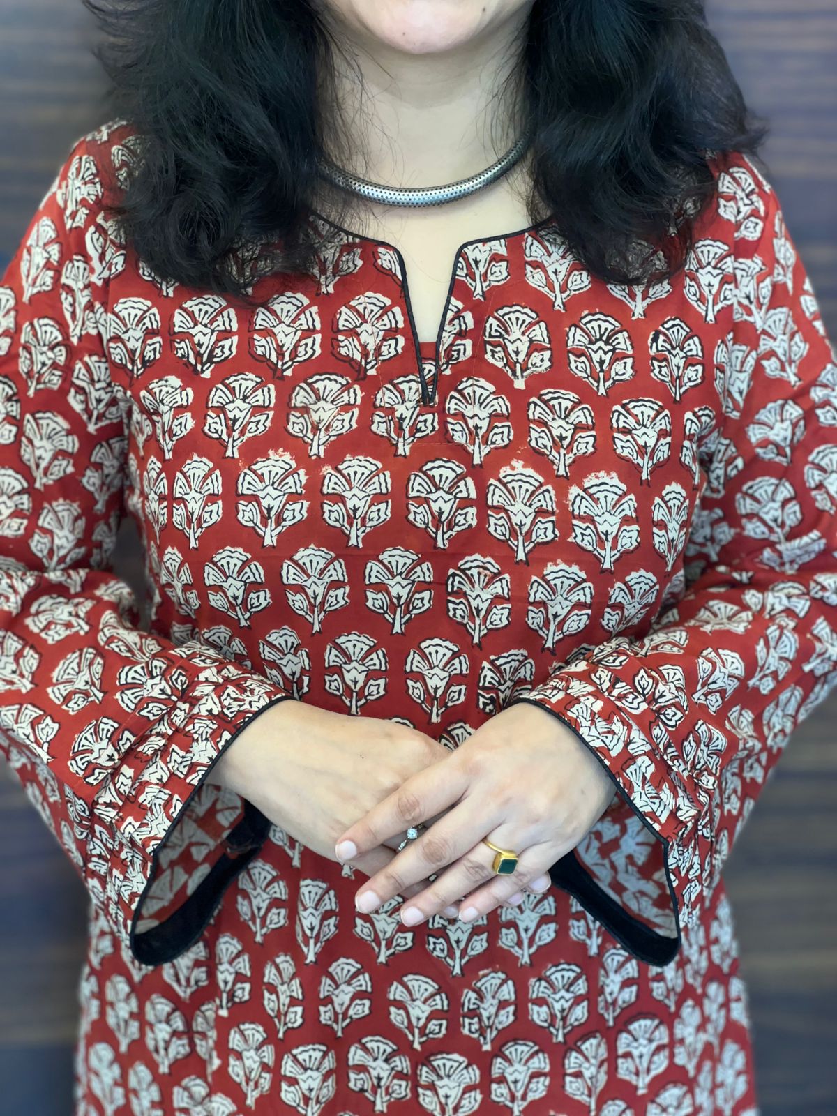 Red Color Dabu Hand Block Print Small Motifs Pure Cotton A Line Kurti