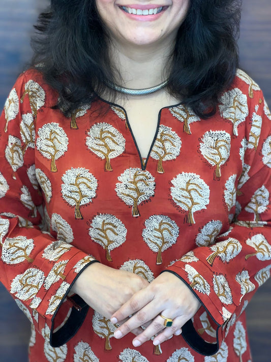 Red Color Dabu Hand Block Print Pure Cotton A Line Kurti