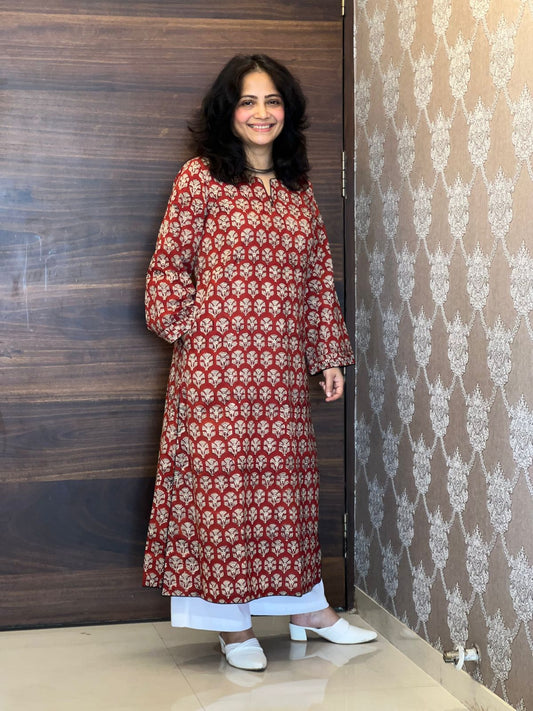 Red Color Dabu Hand Block Print Small Motifs Pure Cotton A Line Kurti