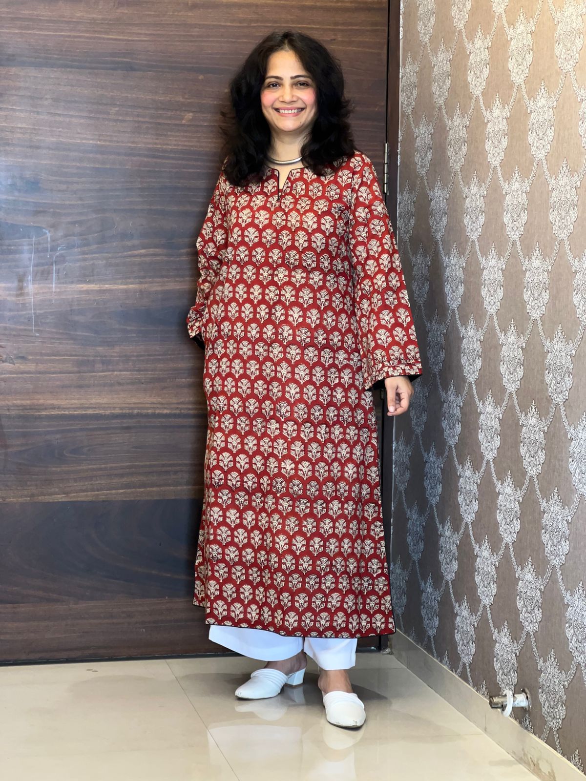 Red Color Dabu Hand Block Print Small Motifs Pure Cotton A Line Kurti