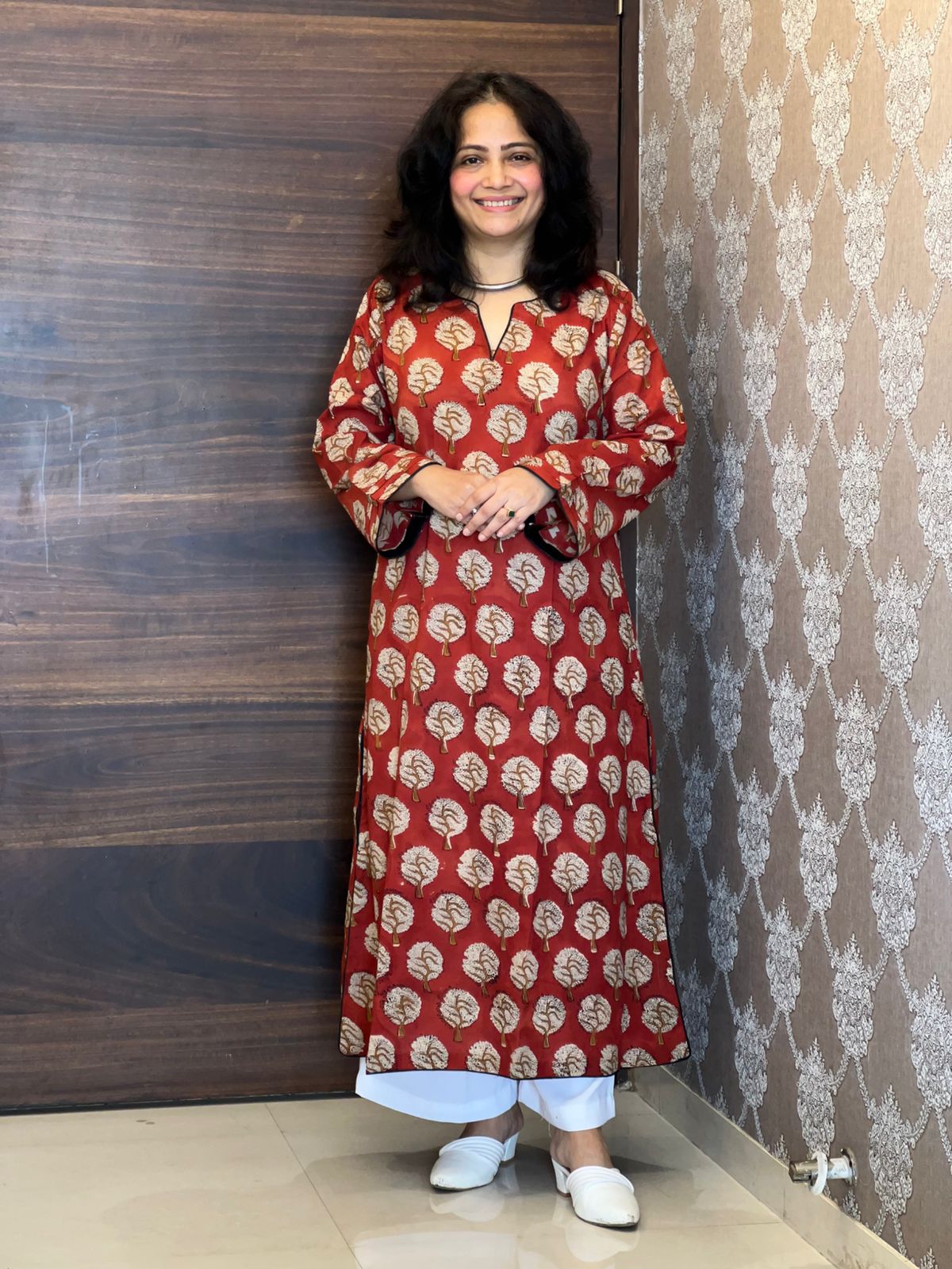 Red Color Dabu Hand Block Print Pure Cotton A Line Kurti