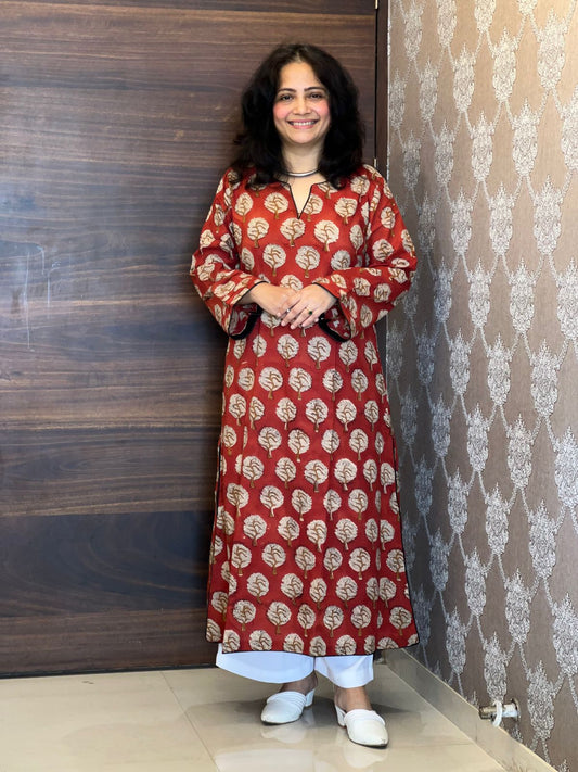 Red Color Dabu Hand Block Print Pure Cotton A Line Kurti