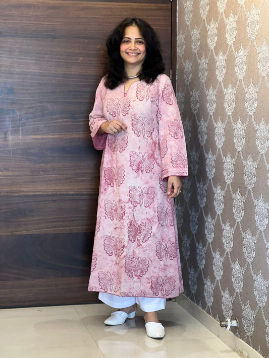 Pink Color Dabu Hand Block Print Pure Cotton A Line Kurti