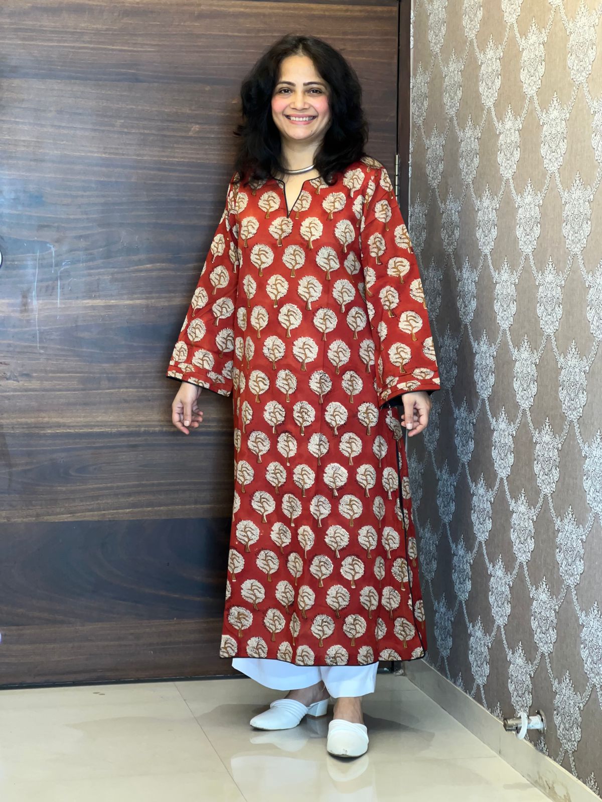 Red Color Dabu Hand Block Print Pure Cotton A Line Kurti