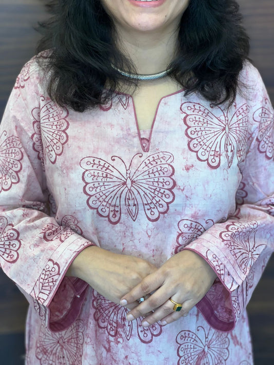 Pink Color Dabu Hand Block Print Pure Cotton A Line Kurti