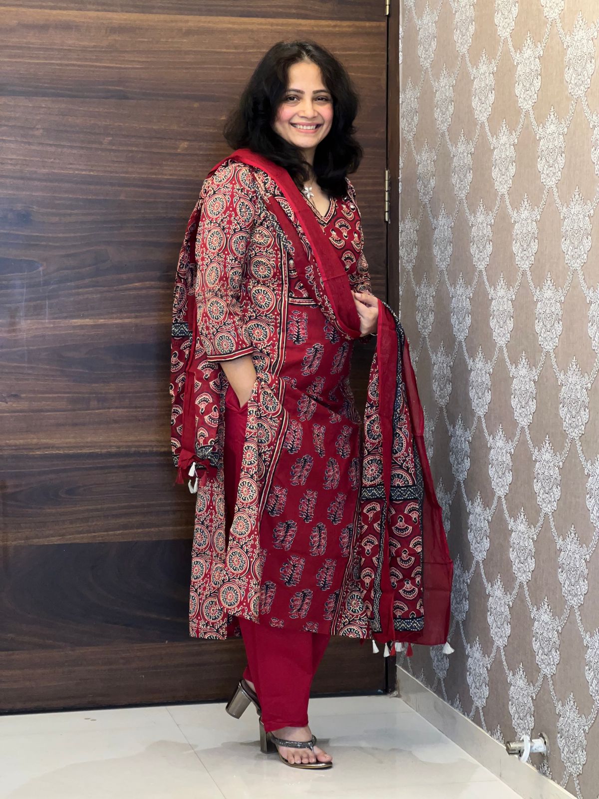 Maroon Color Panel Work Pure Dupatta Set