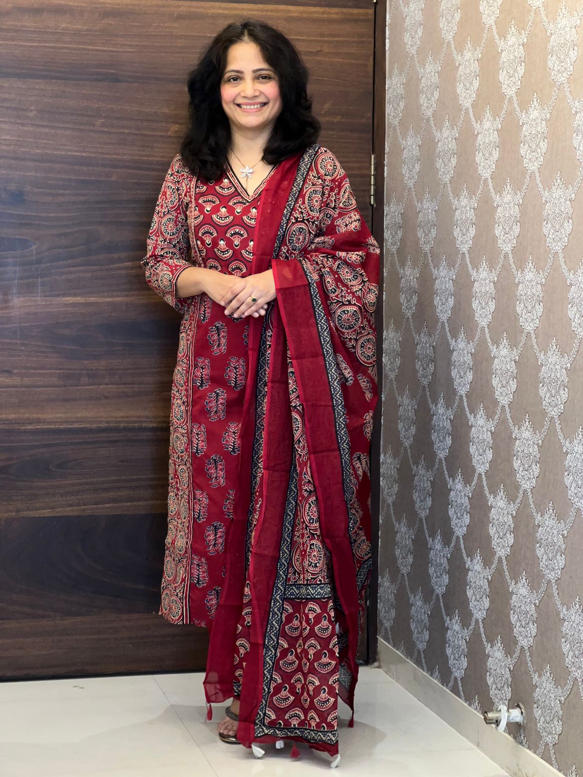 Maroon Color Panel Work Pure Dupatta Set