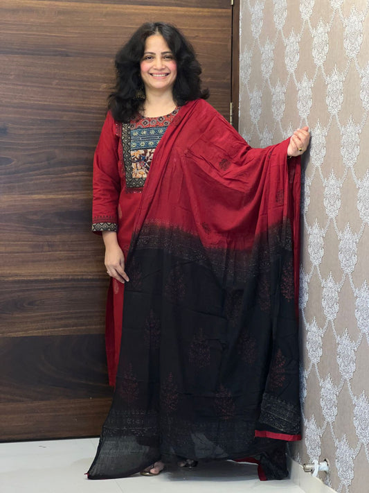 Maroon Color Ajrakh Patch Work Premium Cotton Dupatta Set