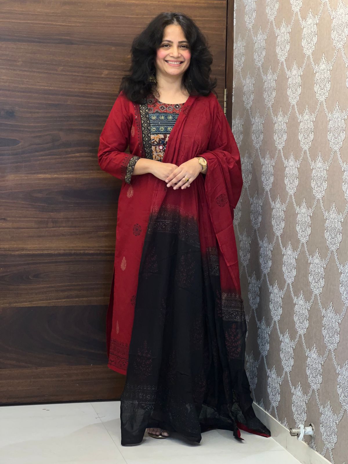 Maroon Color Ajrakh Patch Work Premium Cotton Dupatta Set