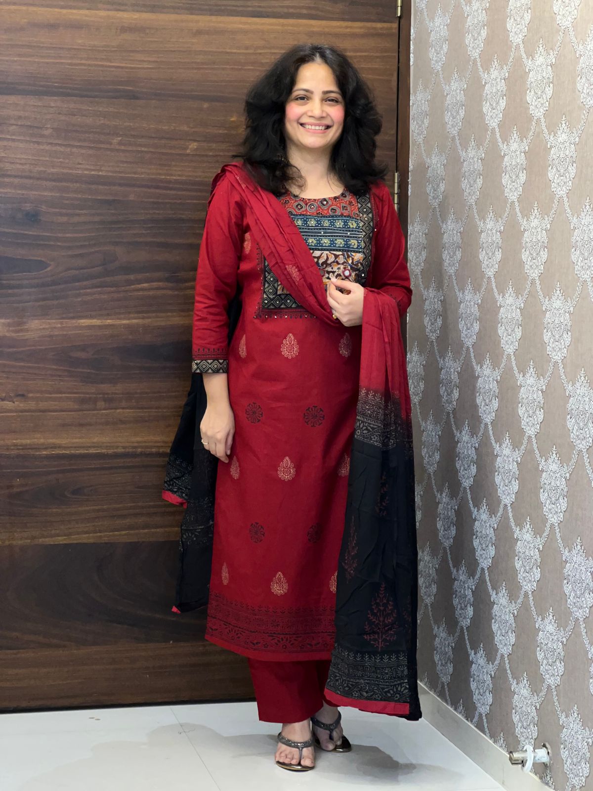 Maroon Color Ajrakh Patch Work Premium Cotton Dupatta Set